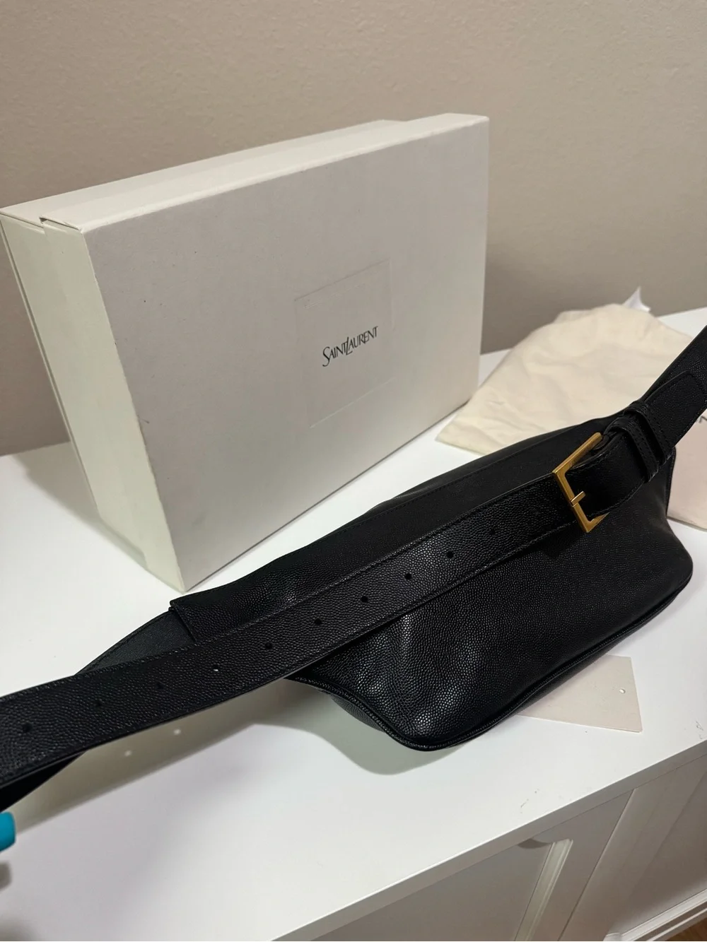 Saint Laurent YSL Cassandre Black Leather Belt Bag Full Set